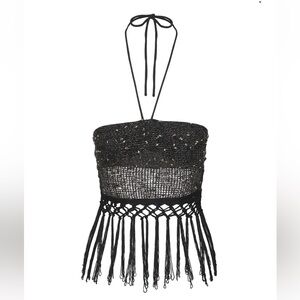 Princess Polly ALNET TOP BLACK knit crochet halter top with fringe tassels S